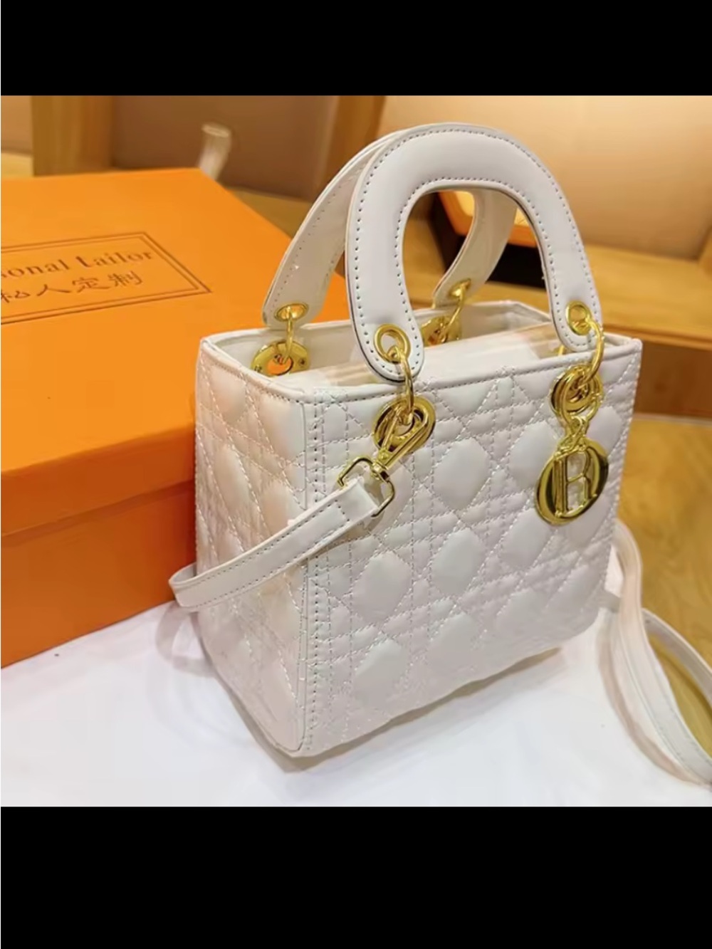 White Quilted Top-Handle Women’s Bag with Gold Hardware